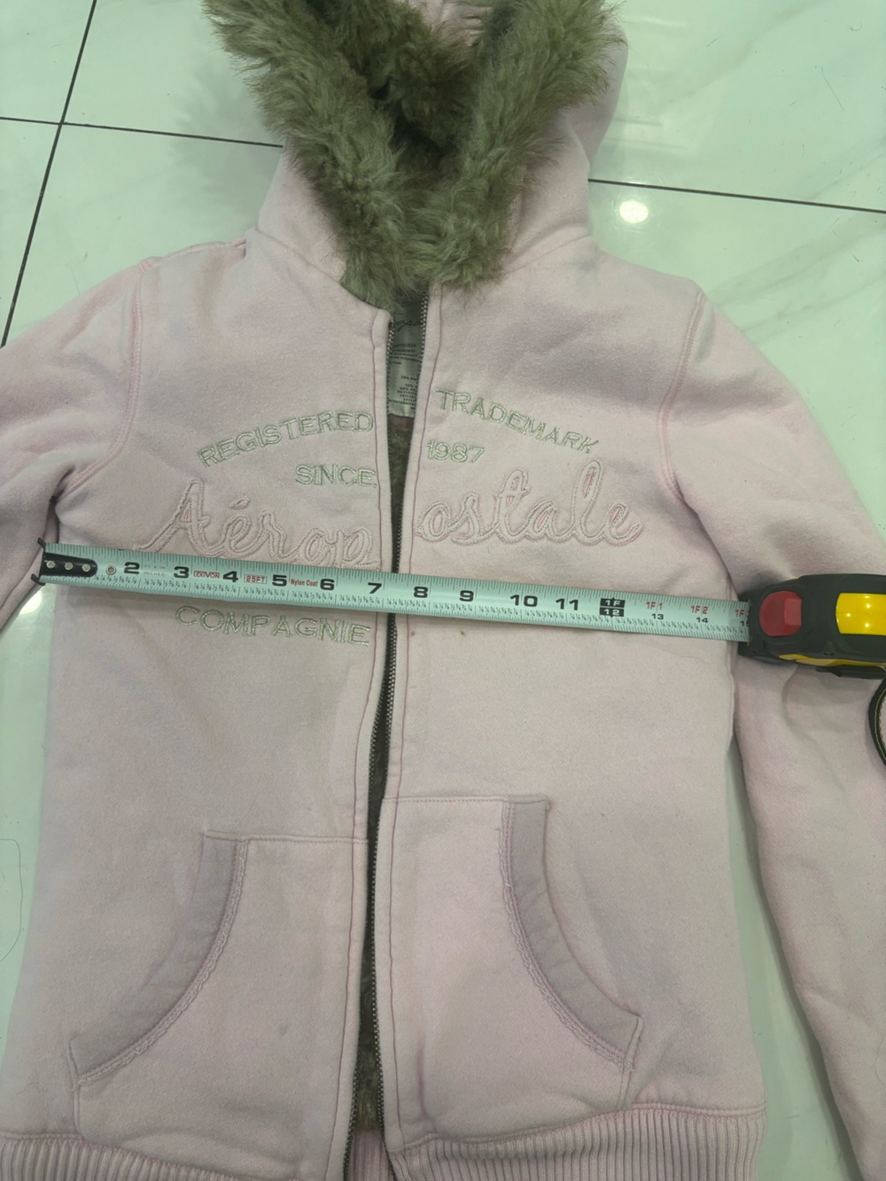Vintage Aeropostale Light Pink Zip-Up Hoodie with Faux Fur Hood - Picture 4 of 6